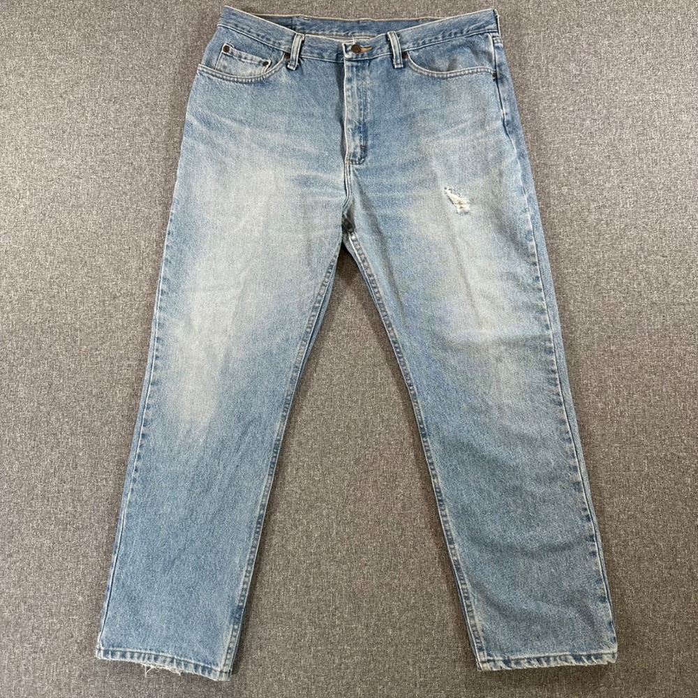 Wrangler Jeans Mens 38x30 G9651SL Light Blue Distressed Denim Straight Leg